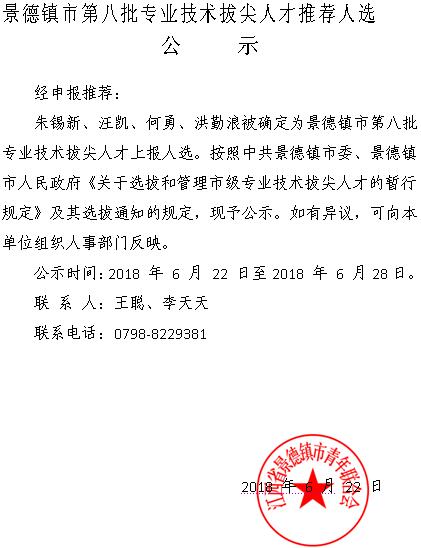 景德镇市第八批专业技术拔尖人才推荐人选公示